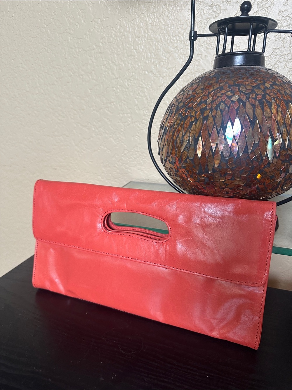 HOBO Coral Red Leather Fold-Over Clutch with Cutout Handle
